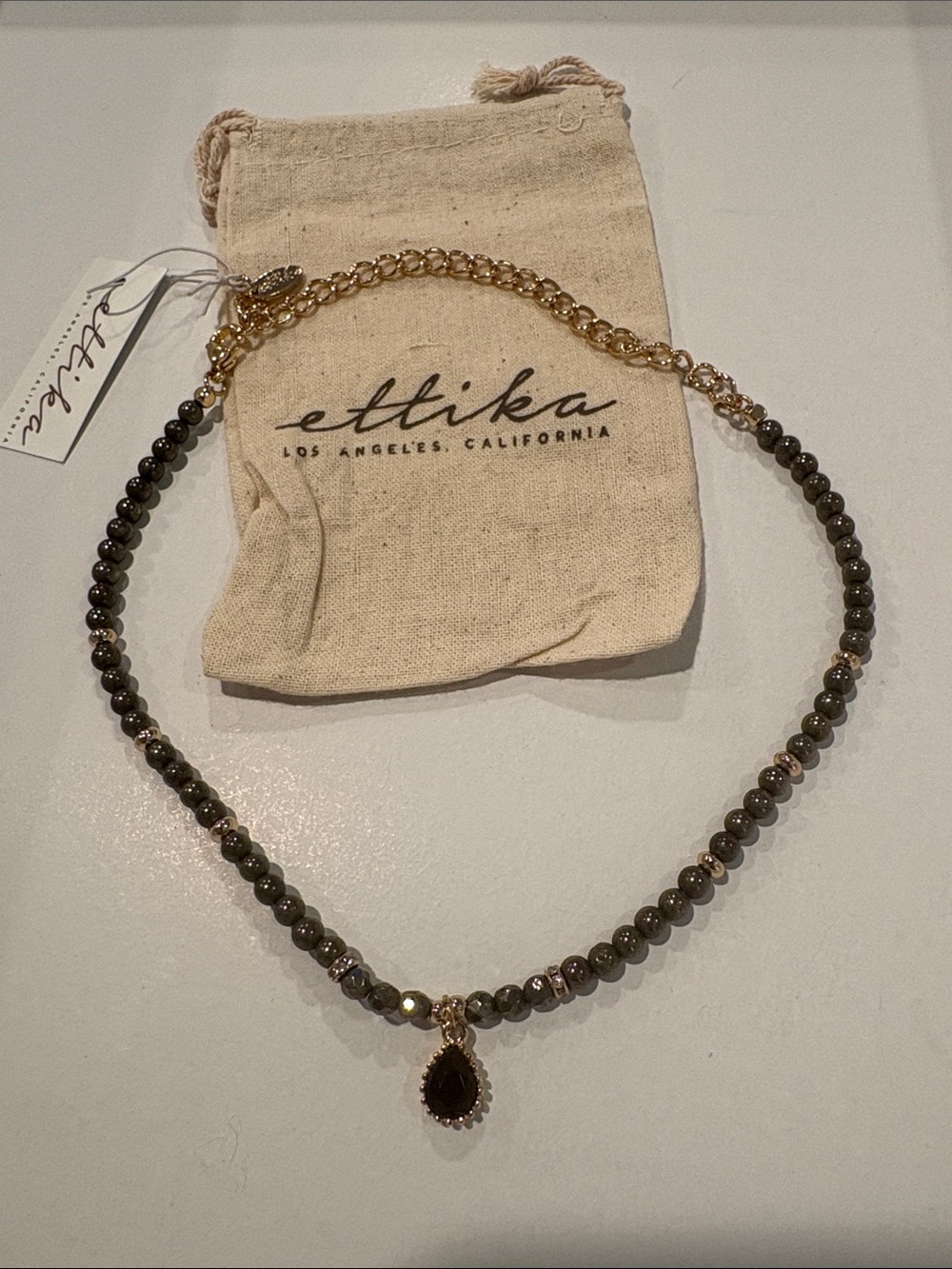 ettika Olive Grayish Pyrite Beaded Necklace with Brown Teardrop Charm NWT
